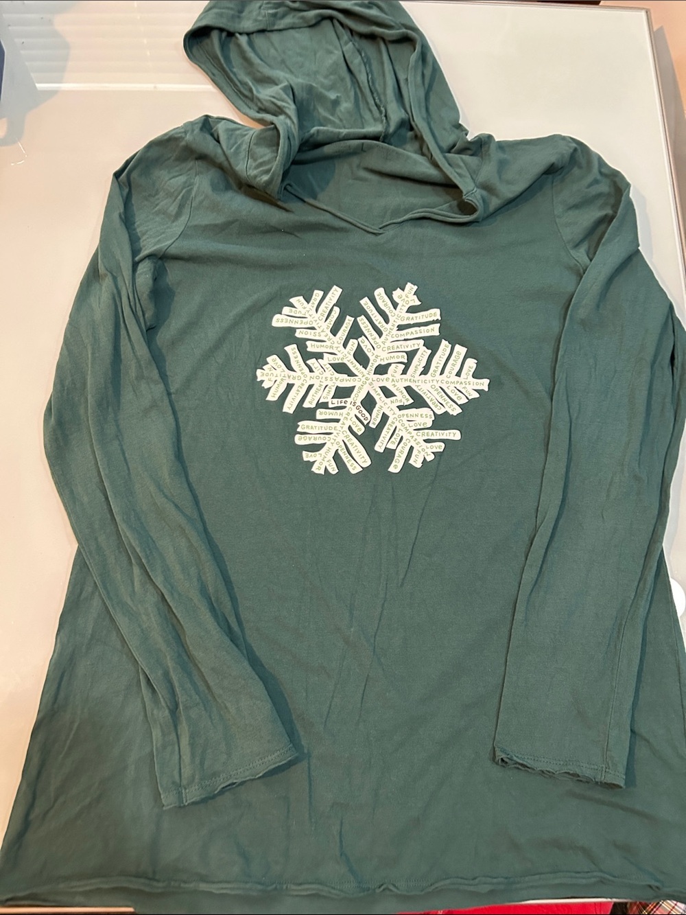 Life Is Good Women's Forest Green Hooded Snowflake cotton top values